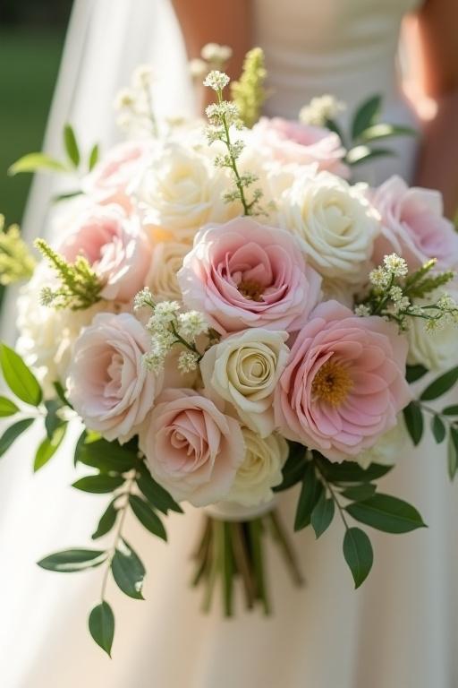 En vild och yvig bröllopsbukett med vita och rosa blommor.