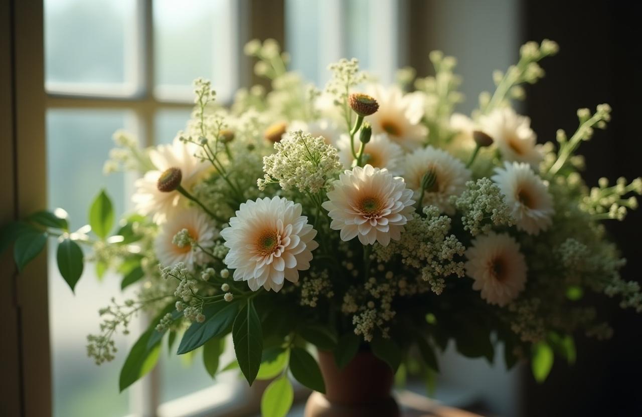 En lummig och vild bukett med säsongens blommor i ett svagt ljus från ett fönster.
