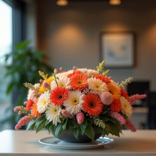 En stilren blomsterdekoration på en receptionsdisk.