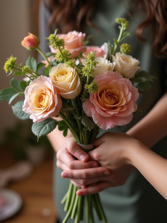 Händer som varsamt binder en bukett under en workshop.